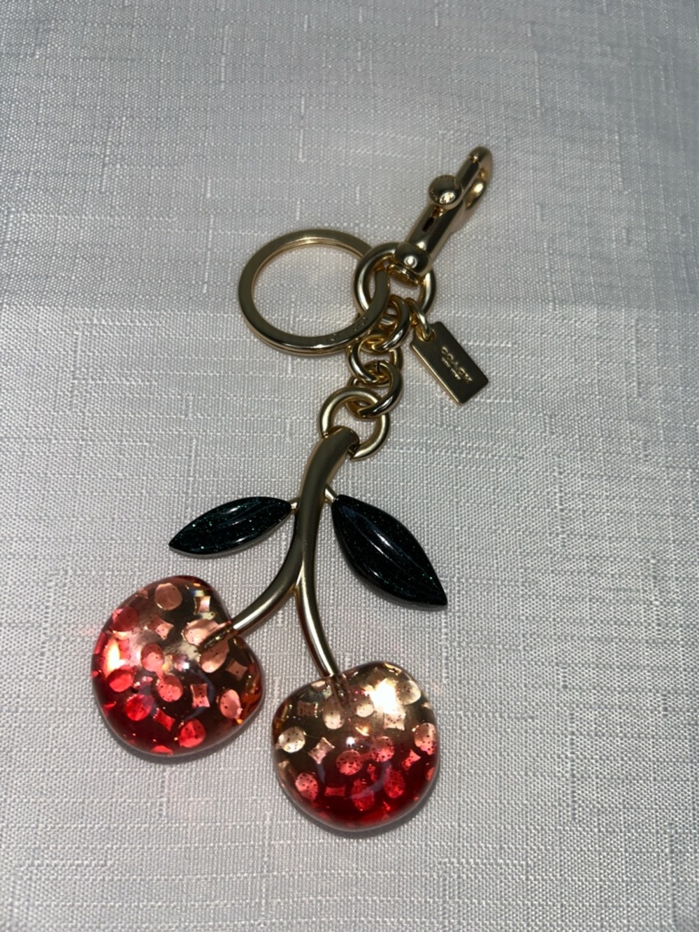 Coach Gold 🍒 Cherry Bag Charm Keyring with Green Leaves  Gorgeous Condition
